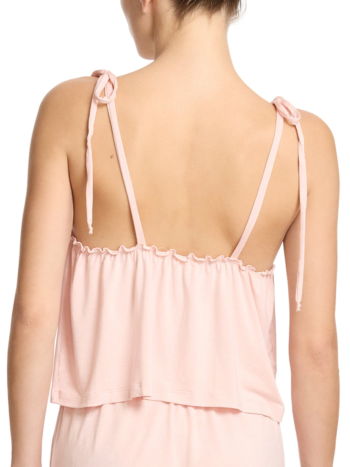 Blush Pink Modal Unwind Ruffle Cami Sweet Chamomile - Back View, Open Back & Tie Straps | Hanky Panky