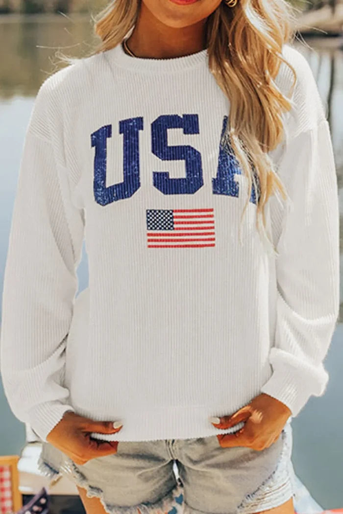 US Flag Corded Long Sleeve Sweatshirt