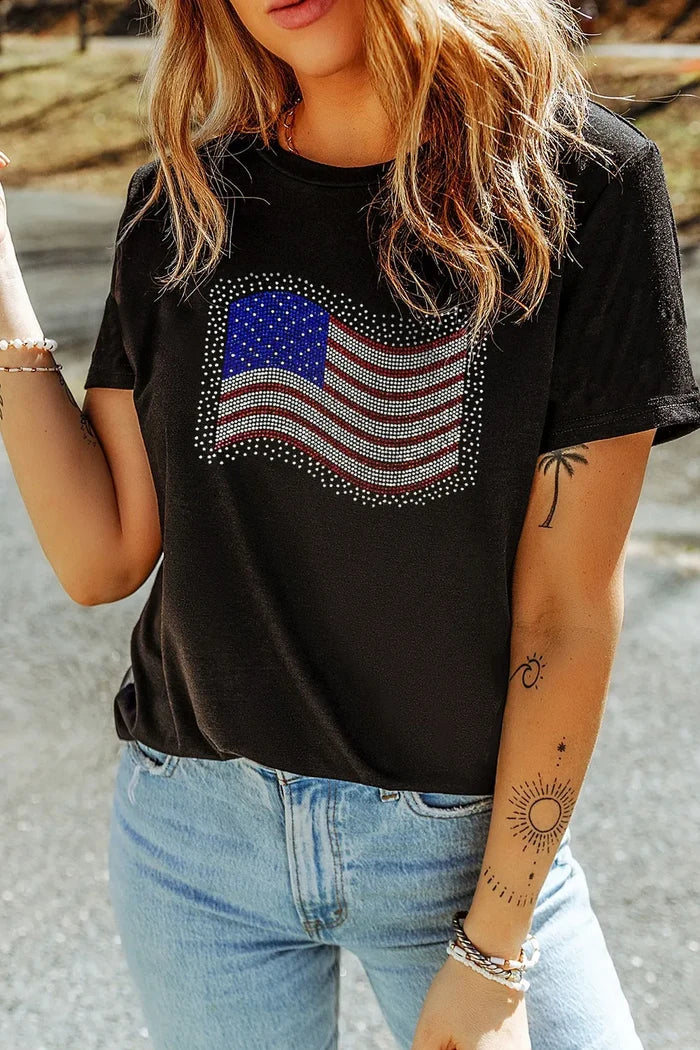 US Flag Round Neck Short Sleeve T-Shirt