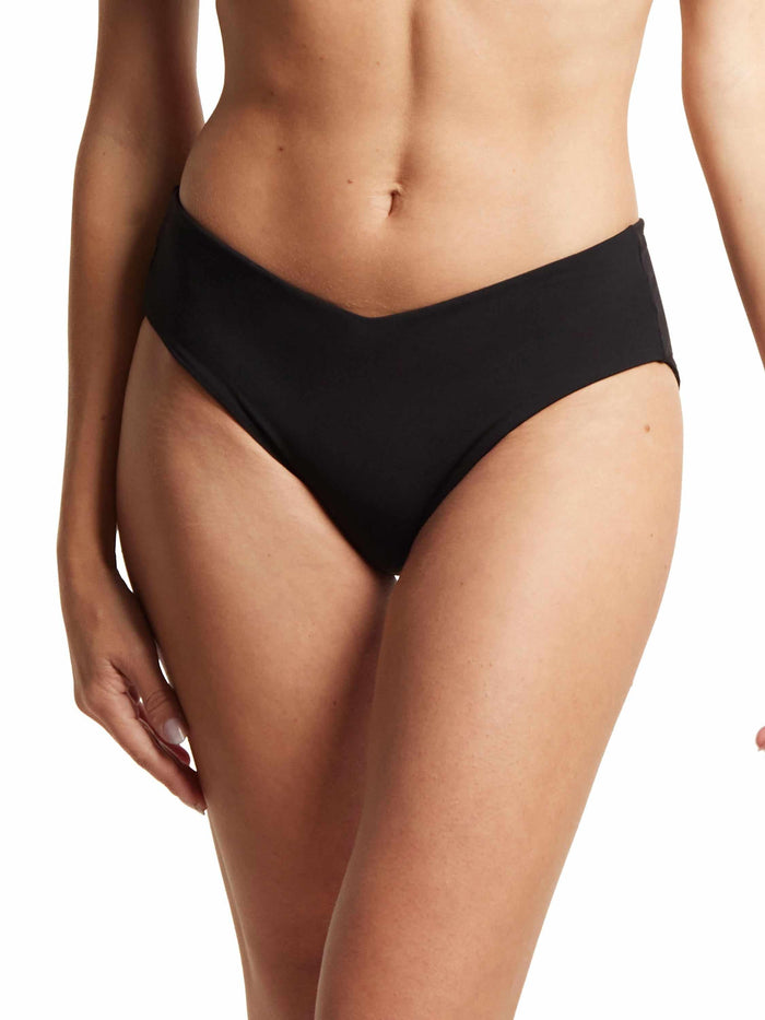 Black V-Kini Swimsuit Bottom Front View, V-Cut Waistband On Model | Hanky Panky