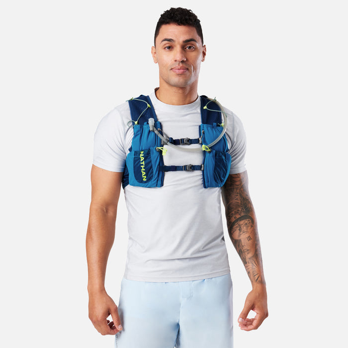color:Deep Blue/Safety Yellow||seo:Nathan VaporAir 3.0 7 Liter Men's Hydration Pack - Deep Blue/Safety Yellow - On Model - Front View