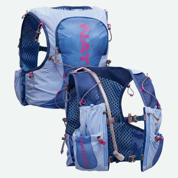 color:Periwinkle/Magenta||seo:Nathan VaporAiress 3.0 7 Liter Women's Hydration Pack - Periwinkle/Magenta - Front & Back of Pack