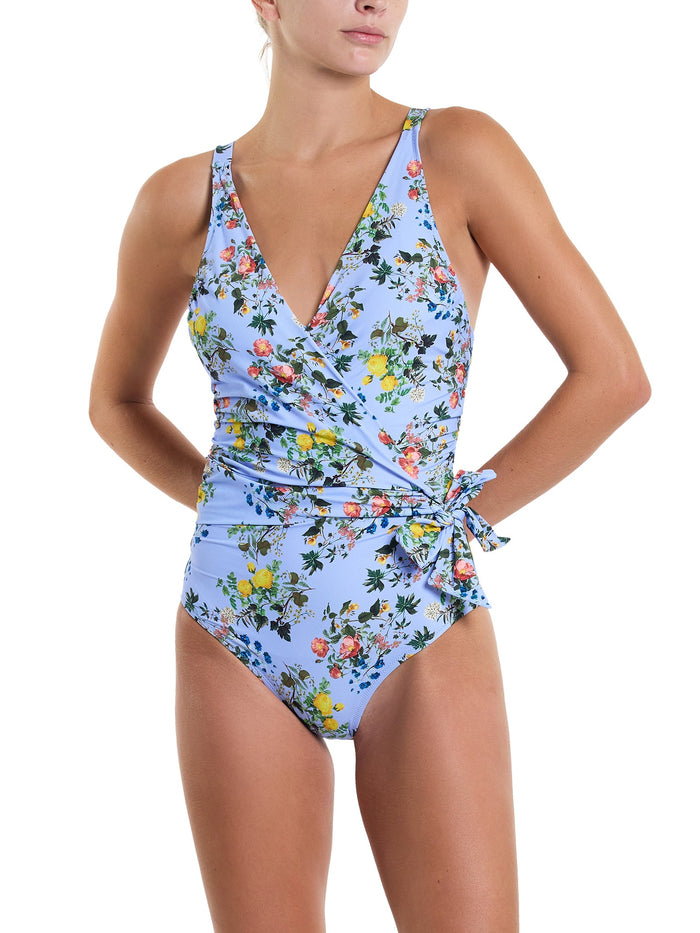 Periwinkle Floral Wide Strap Wrap One Piece Swimsuit - Front View, V-Neckline & Side Tie On Model | Hanky Panky
