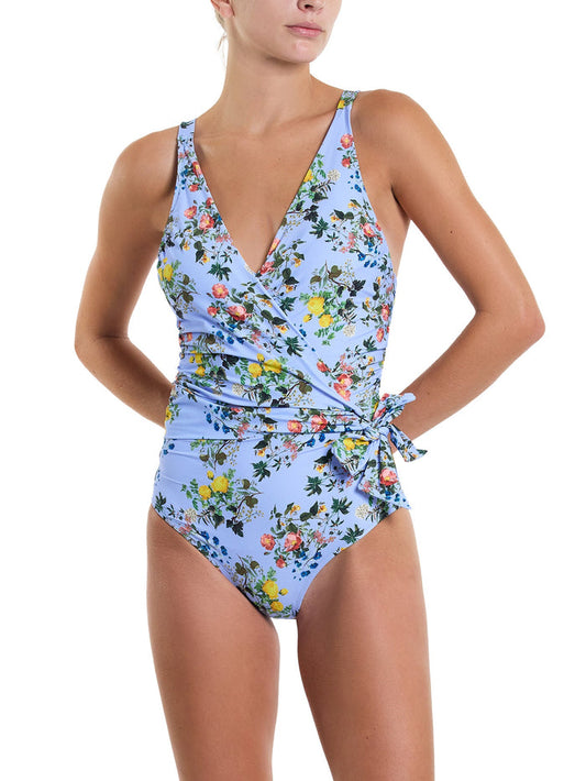 Periwinkle Floral Wide Strap Wrap One Piece Swimsuit - Front View, V-Neckline & Side Tie On Model | Hanky Panky