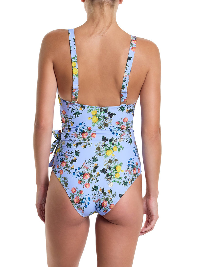 Periwinkle Floral Wide Strap Wrap One Piece Swimsuit - Back View, Wide Straps & Side Bow On Model | Hanky Panky