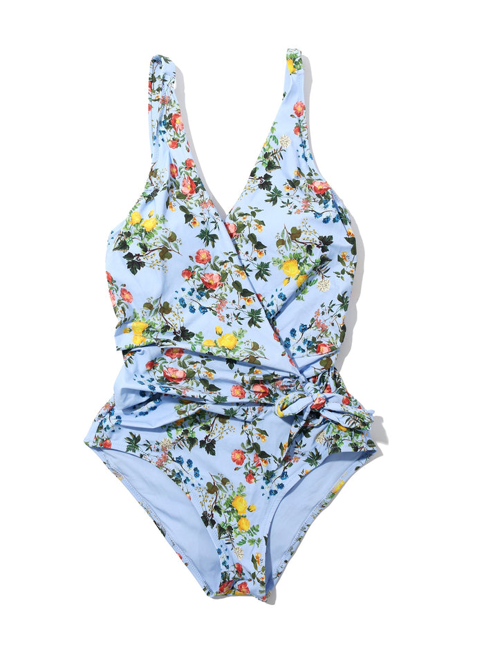 Periwinkle Floral Wide Strap Wrap One Piece Swimsuit - Flat Lay, Wrap Front & Tie Waist Detail | Hanky Panky