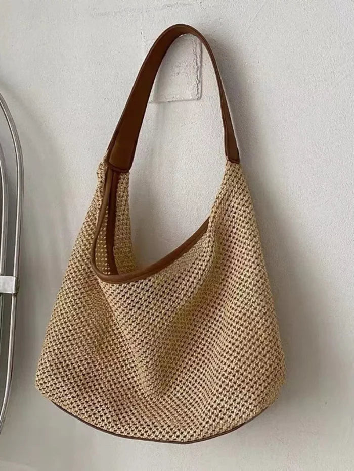 Woven Straw Handbag with Leather Strap