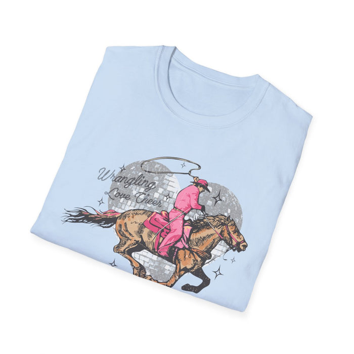 Wrangling Love Cheer Cowgirl T-Shirt - funny t-shirt by Cheeky Business