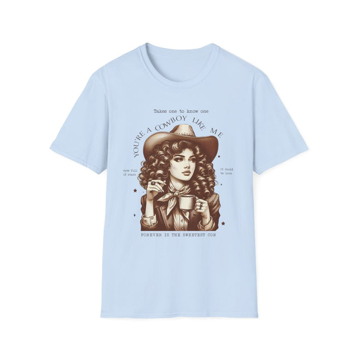 natural coloured t-shirt with you're a cowboy like me design flat lay