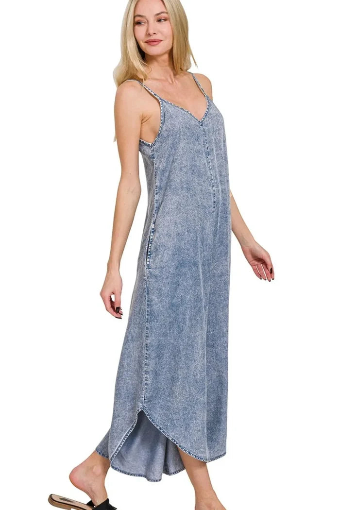 Zenana Lyocell Acid-Washed Wide-Leg Jumpsuit
