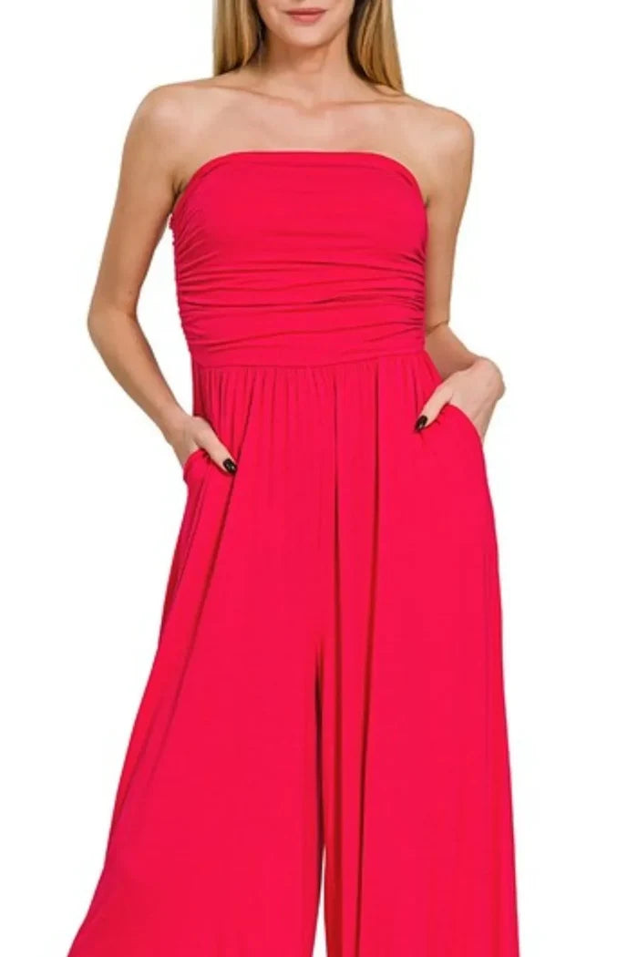 Zenana Ruched Strapless Wide-Leg Pocketed Jumpsuit