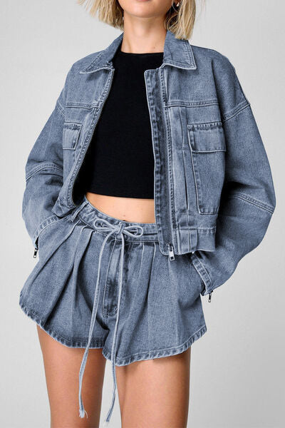 Zip Up Jacket and Drawstring Shorts Denim Set