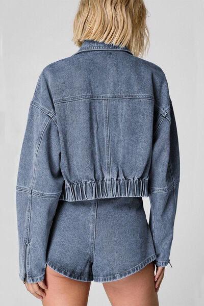 Zip Up Jacket and Drawstring Shorts Denim Set