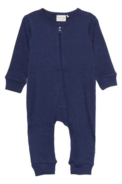 Zip Up Minymo Ribbed Sleepsuit - Navy Sleepsuit / Babygrow Miny Mo